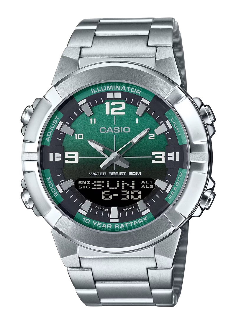 Analog+Digital Green Dial Stainless Steel Men's Watch AMW-870DA-3AV