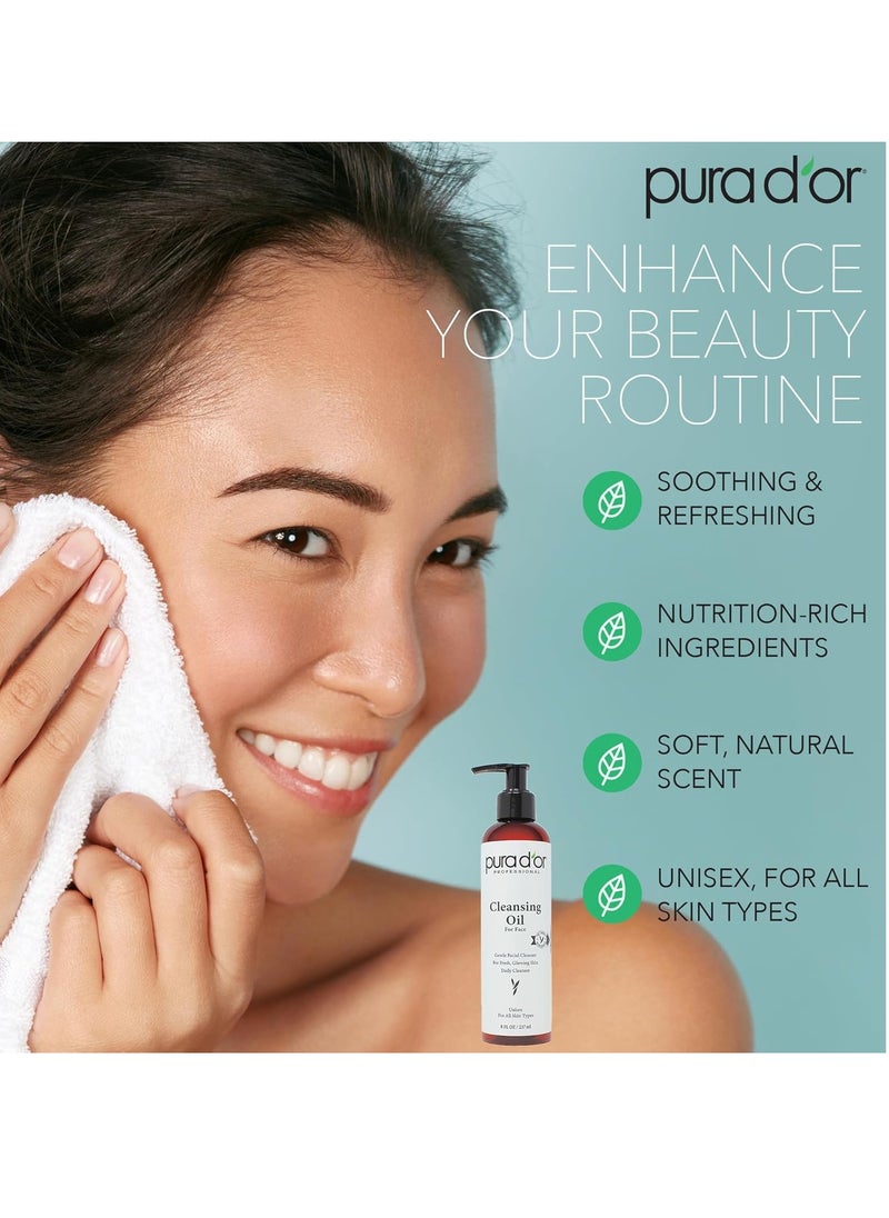 PURA D'OR 8 Oz Facial Cleansing Oil - Nourishing Botanical Blend with & Vitamin, Jojoba and Sunflower Oil - Gentle Makeup Remover & Deep Cleanser For Healthy, Glowing Skin - Paraben-Free Beauty