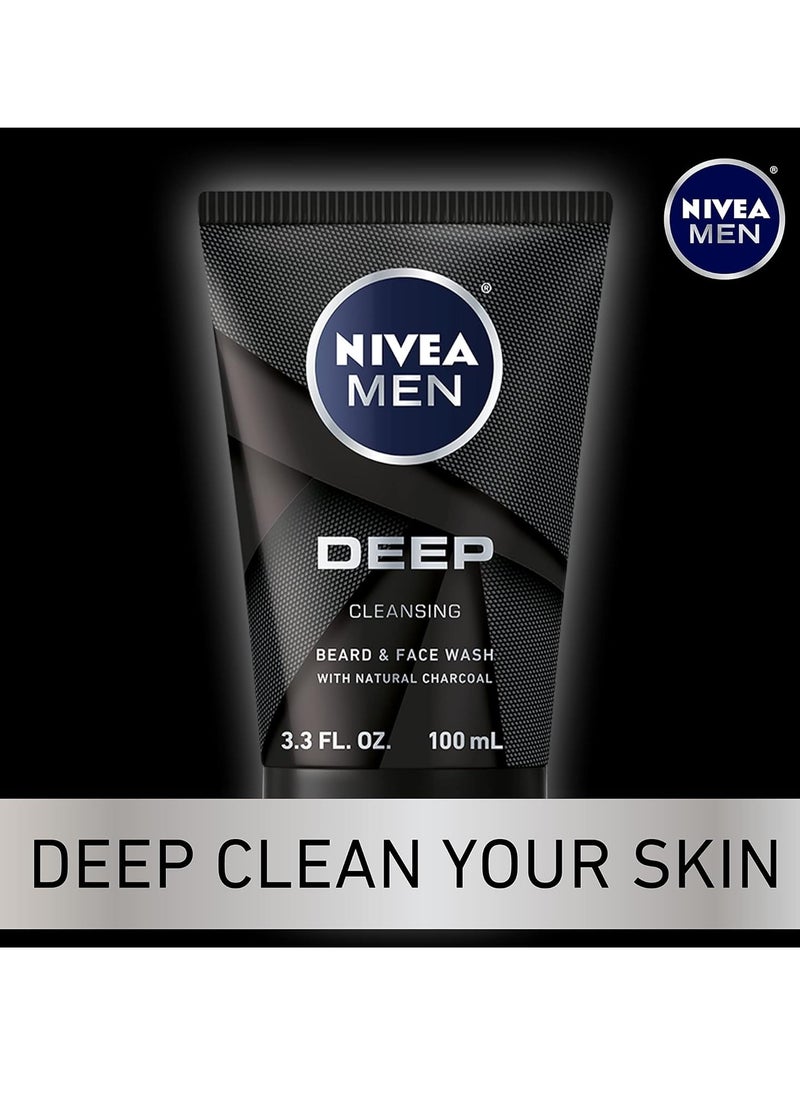 NIVEA MEN DEEP Cleansing Beard and Face Wash, Natural Charcoal Facial Cleanser Helps Remove Dirt and Excess Oils, 3 Pack of 3.3 Fl Oz Tubes