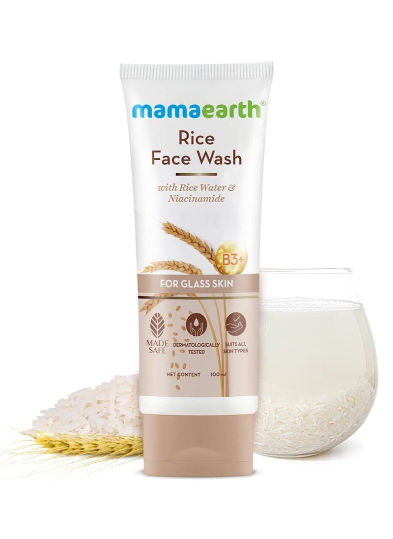 MAMAEARTH Rice Water Face Wash with Niacinamide | Gentle Exfoliating Cleanser for Radiant Skin | Hydrating Formula | All Skin Type | 3.38 Fl Oz (100ml)