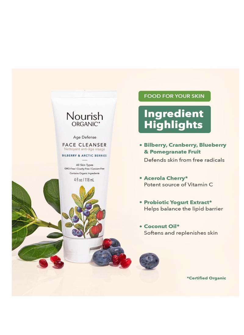 Nourish Organic Face Cleanser, Age Defense Bilberry & Arctic Berries – Anti-Aging Face Wash with Aloe Vera + Washable Cotton Round