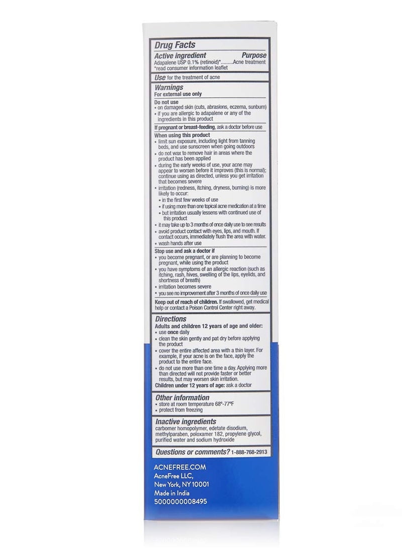 Acne Free Adapalene Gel 0.1%, Once-Daily Topical Retinoid Acne Treatment, Dermatologist Developed, Unclogs Pores and Clears Acne, Prevents and Improve Whiteheads and Blackheads, 1.6 Ounce