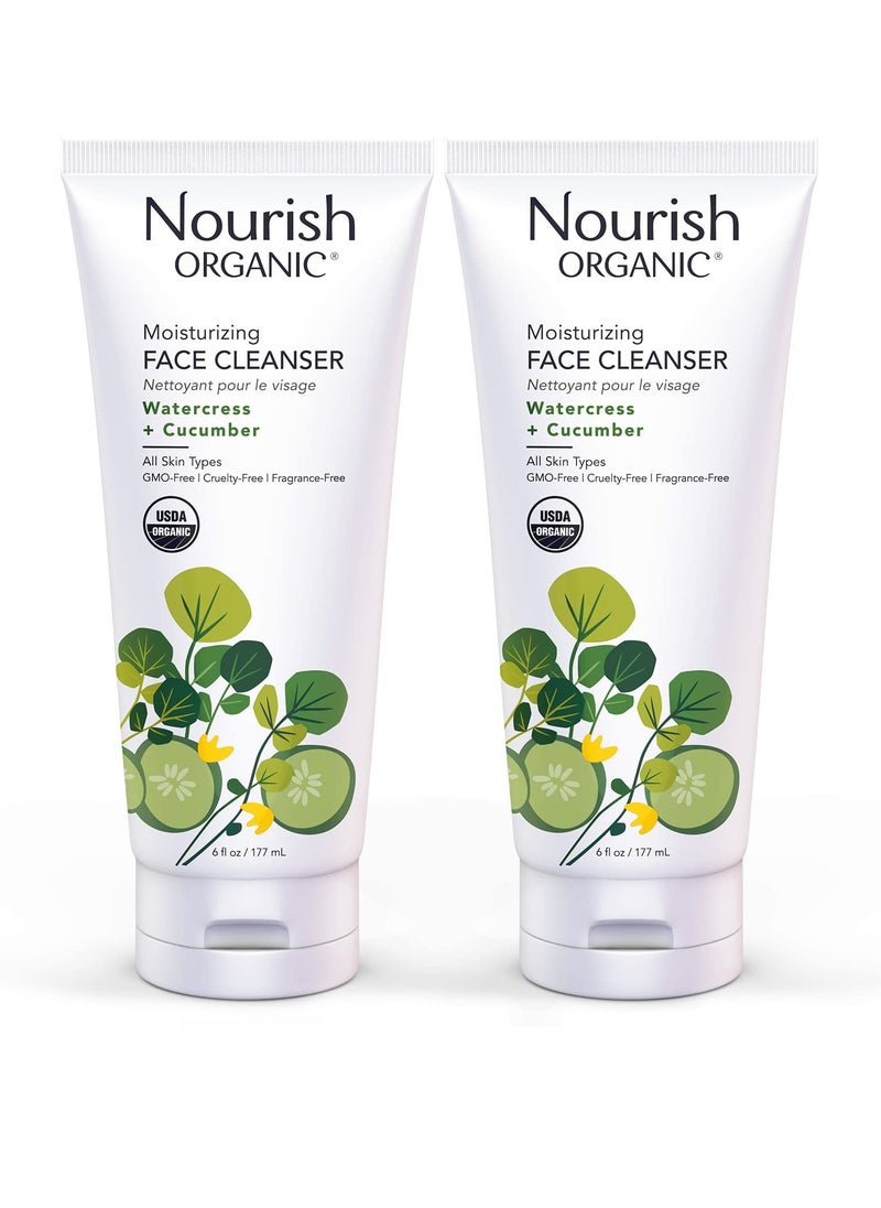 Nourish Organic Moisturizing Face Cleanser for All Skin Types, Watercress + Cucumber Face Wash, Fragrance-Free, 6 Oz (Pack of 2)