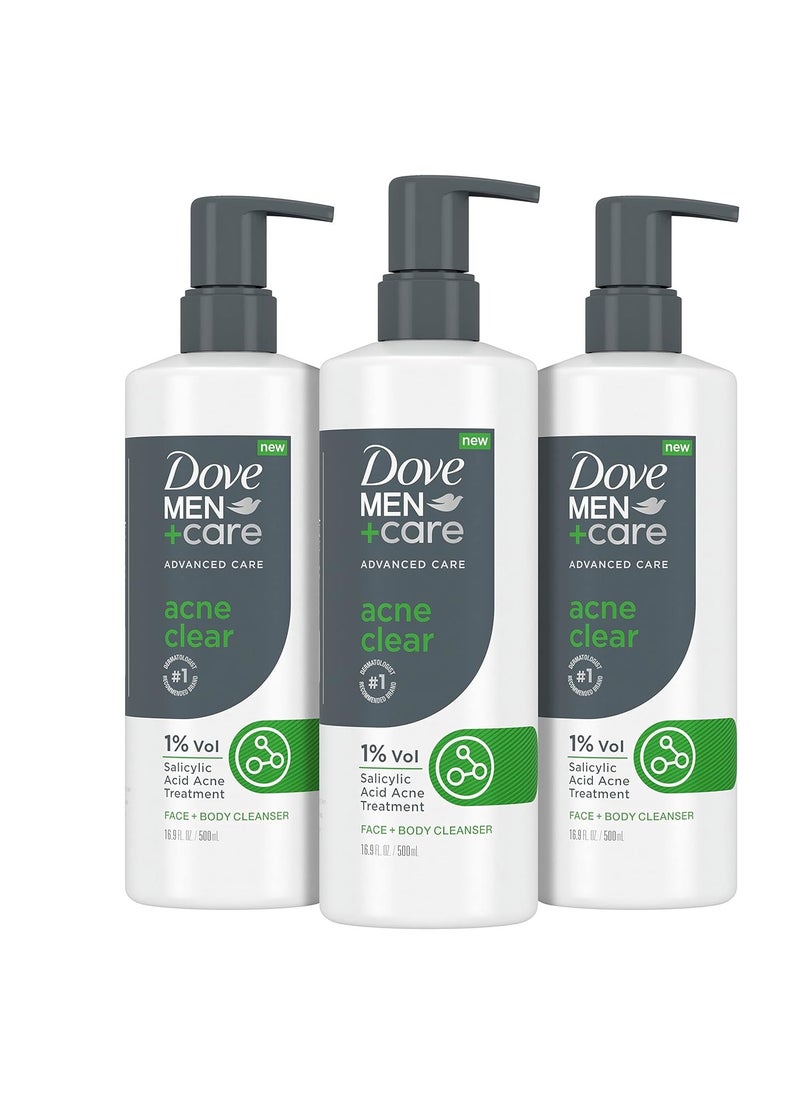 DOVE MEN + CARE Advanced Care Cleanser Acne Clear 3 Count for Acne Prone Skin Face + Body Cleanser with 1% Salicylic Acid 16.9 oz