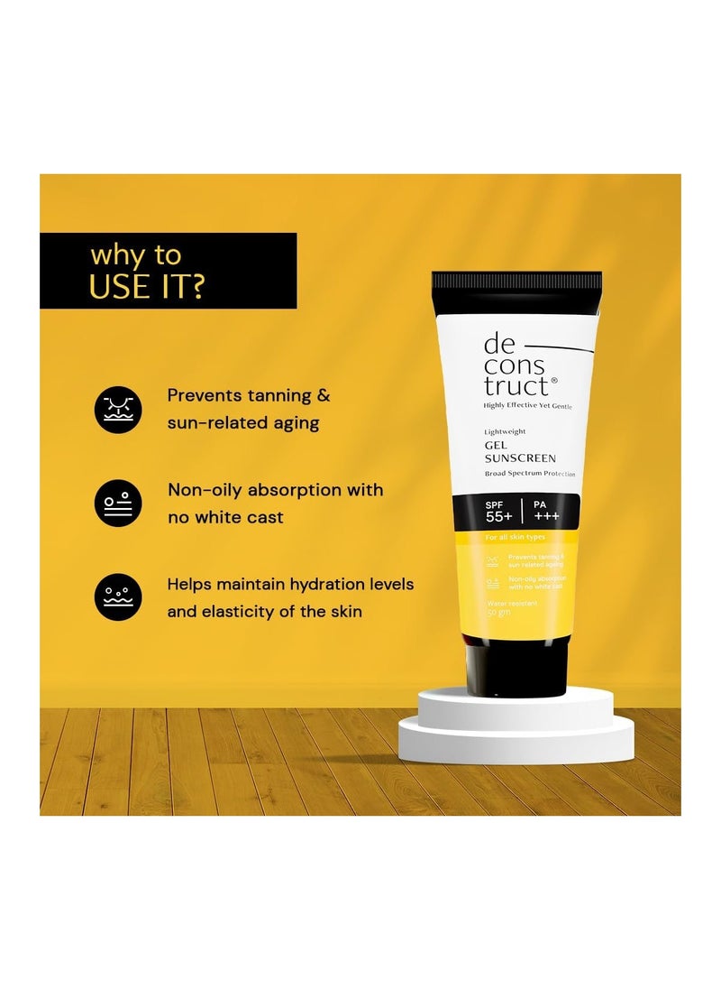Deconstruct Face Gel Sunscreen SPF 55+ and PA+++ | Gel based sunscreen for oily, combination, acne prone & normal skin| pack of 2
