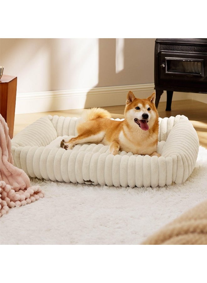 Bedsure Cute Dog Bed for Large Dogs - Washable Furry Puppy Beds, Rectangle Orthopedic Corduroy Fleece Pet Beds with Removable Zipper Cover, 36x27x8inches, Cream