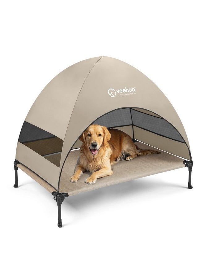 Veehoo Outdoor Dog Bed with Canopy, Cooling Elevated Dog Bed with Removable Shade, Non-Slip Feet, Raised Dog Cot Bed for Large Dogs, Dog Tent Bed for Camping, Beach, Large, Beige Coffee CWC2411