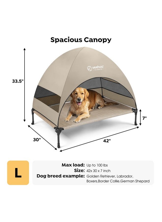 Veehoo Outdoor Dog Bed with Canopy, Cooling Elevated Dog Bed with Removable Shade, Non-Slip Feet, Raised Dog Cot Bed for Large Dogs, Dog Tent Bed for Camping, Beach, Large, Beige Coffee CWC2411