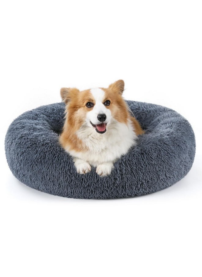 rabbitgoo Calming Dog Bed for Small Medium Dog, 30 inches Pet Bed Machine Washable, Non-Slip Round Fluffy Plush Faux Fur Large Cat Bed, Soft Donut Cuddler Cushion for Small Dog, Dark Grey