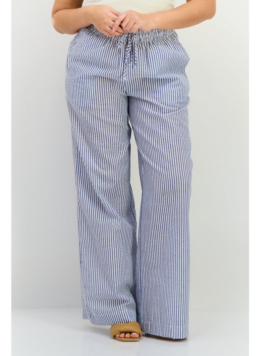 Women Regular Fit Stripe Straight Leg Pants, Blue