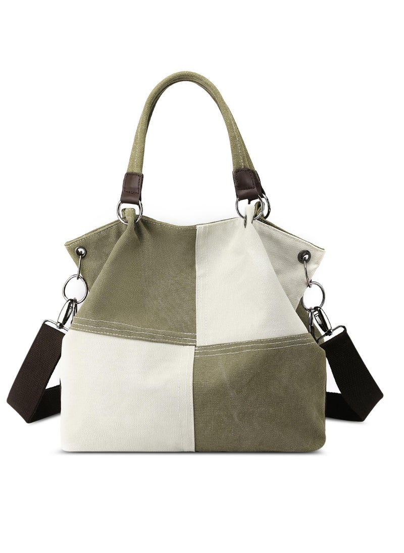 Women's Handbag, Contrast Color Casual Shoulder Bag, Canvas Ladies Top Handle Crossbody Bag with Multiple Pockets for Shopping, Travel, Daily Use (Green)