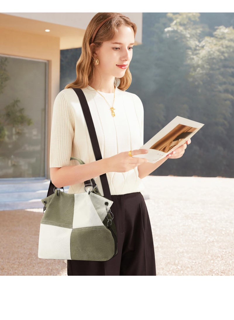 Women's Handbag, Contrast Color Casual Shoulder Bag, Canvas Ladies Top Handle Crossbody Bag with Multiple Pockets for Shopping, Travel, Daily Use (Green)