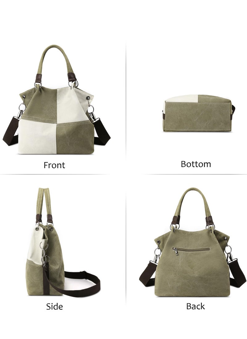 Women's Handbag, Contrast Color Casual Shoulder Bag, Canvas Ladies Top Handle Crossbody Bag with Multiple Pockets for Shopping, Travel, Daily Use (Green)