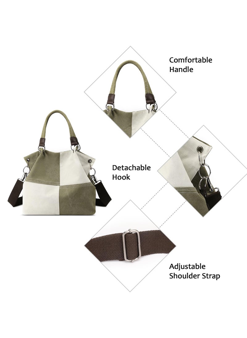 Women's Handbag, Contrast Color Casual Shoulder Bag, Canvas Ladies Top Handle Crossbody Bag with Multiple Pockets for Shopping, Travel, Daily Use (Green)