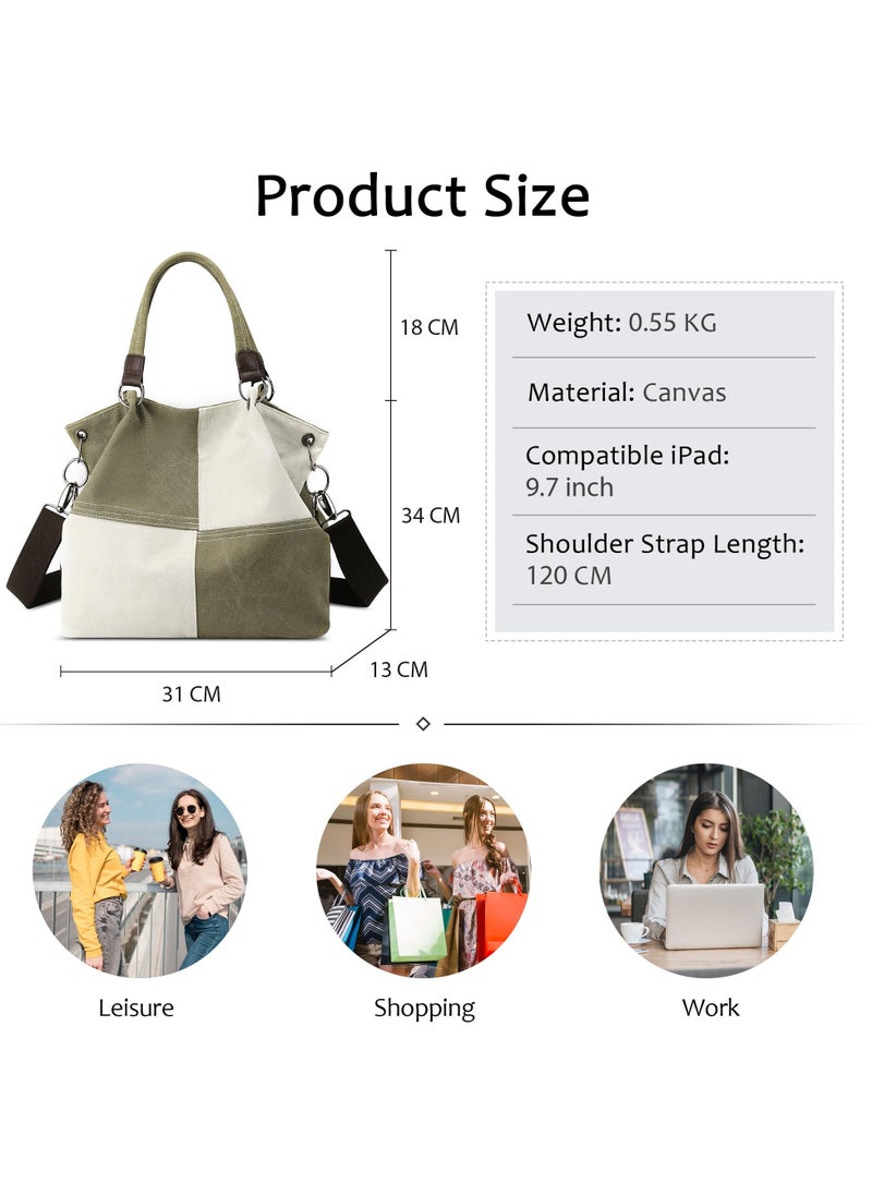 Women's Handbag, Contrast Color Casual Shoulder Bag, Canvas Ladies Top Handle Crossbody Bag with Multiple Pockets for Shopping, Travel, Daily Use (Green)