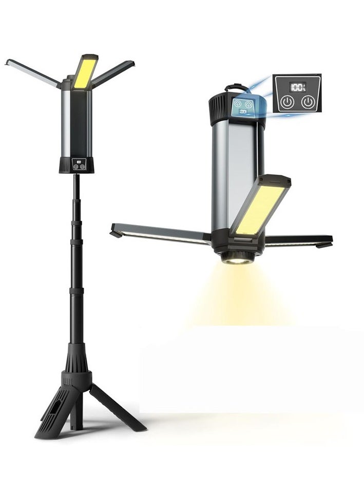 Rechargeable LED Camping and Work Light with Stand, 500/1000/2000 Lumen, 3 COB Lamp Heads, Detachable Tripod, Battery Display,Camping Light