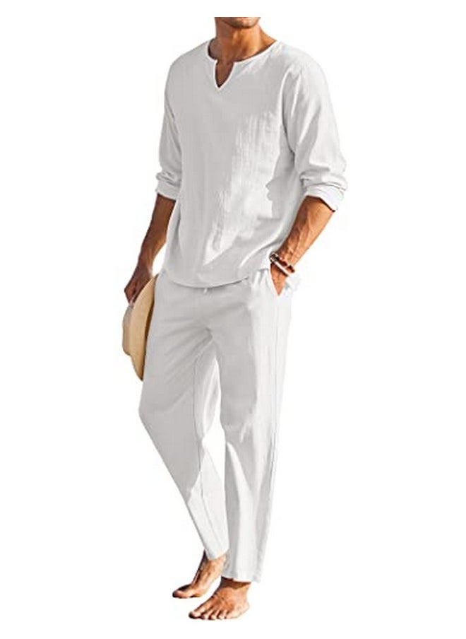 Men'S 2 Pieces Cotton Linen Set Henley Shirt Long Sleeve And Casual Beach Pants Summer Yoga Outfits