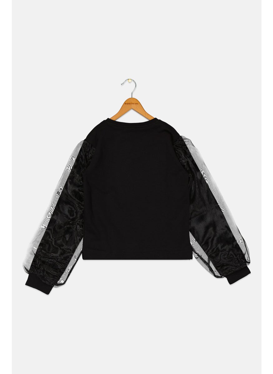 Kids Girl Crew Neck Long Sleeves Embellished Sweatshirt, Black