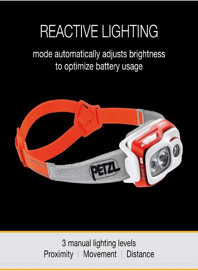 Petzl, Swift RL Rechargeable Headlamp with 900 Lumens & Automatic Brightness Adjustment, Orange