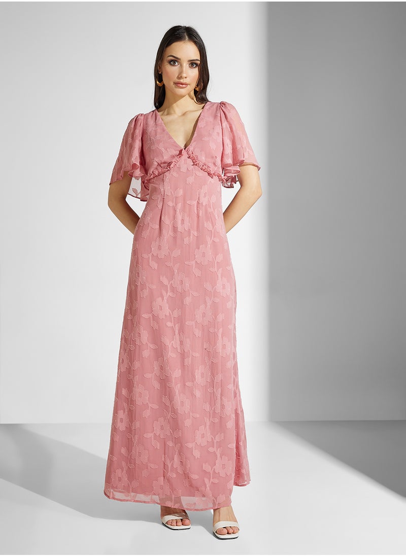 Jacquard Tie Back Flutter Sleeve Maxi Dress