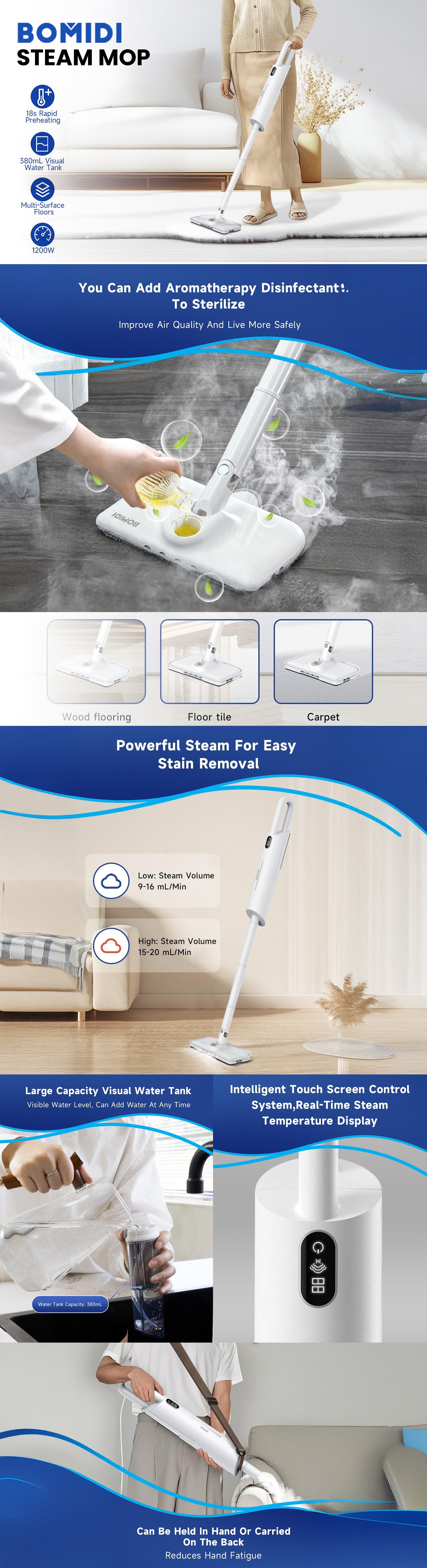 1200W High-Power Steam Mop for Multi-Surface Floors (Wood/Tile/Carpet) with Adjustable Steam, 18s Fast Heating, 380mL Visual Tank & Aromatherapy Function