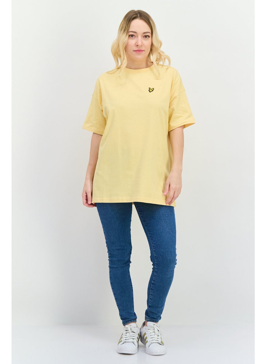 Women Crew Neck Short Sleeve Embroidered Logo T-Shirt, Yellow