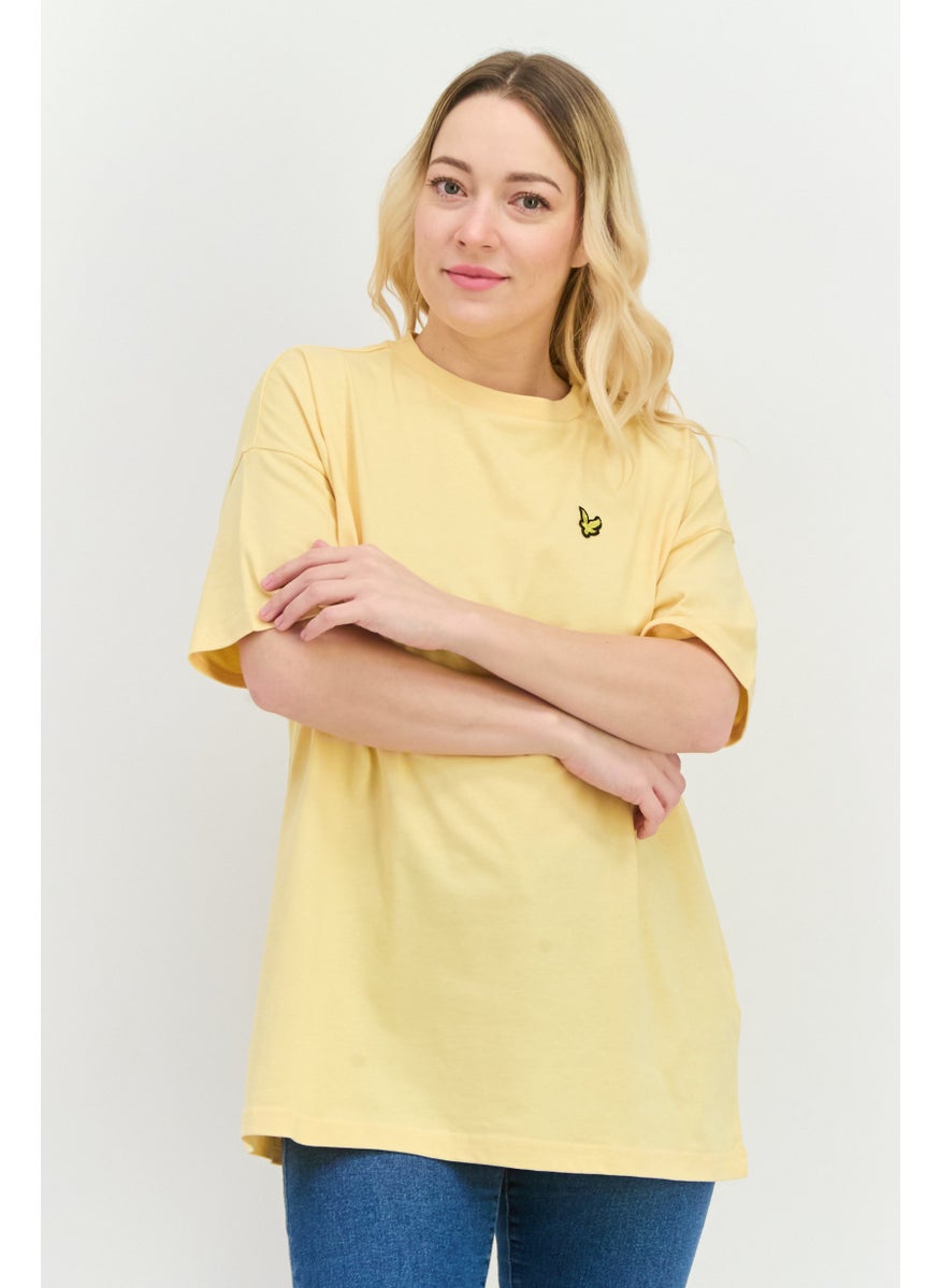 Women Crew Neck Short Sleeve Embroidered Logo T-Shirt, Yellow