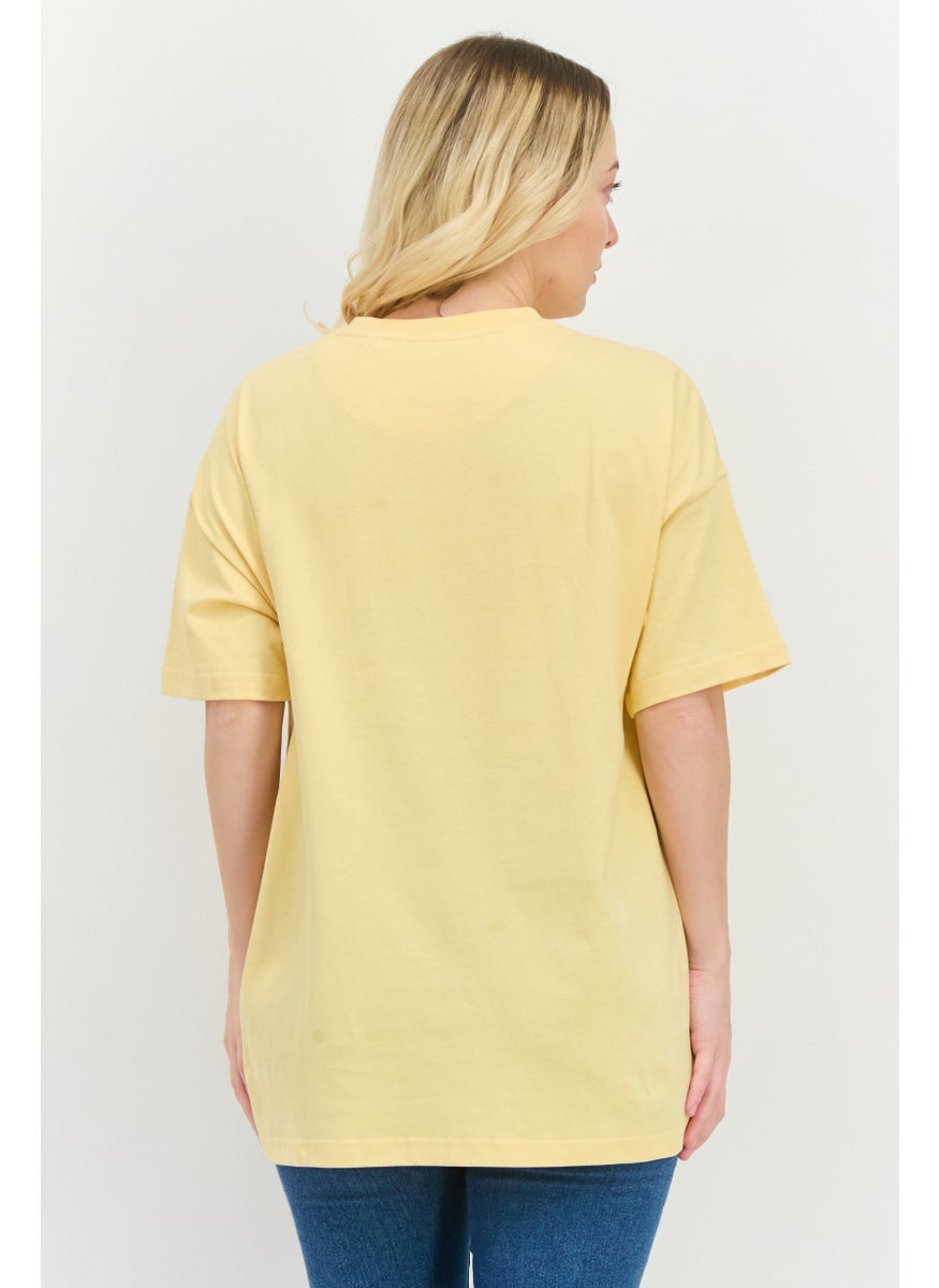 Women Crew Neck Short Sleeve Embroidered Logo T-Shirt, Yellow