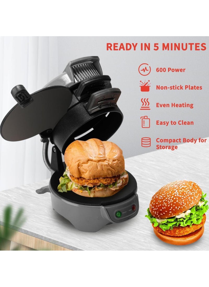 Breakfast Electric Burger & Sandwich Maker, Aluminium Nonstick, Indoor Grill with Egg Cooker Ring, Ready in 5 Minutes for Croissants, Mini Waffles & More