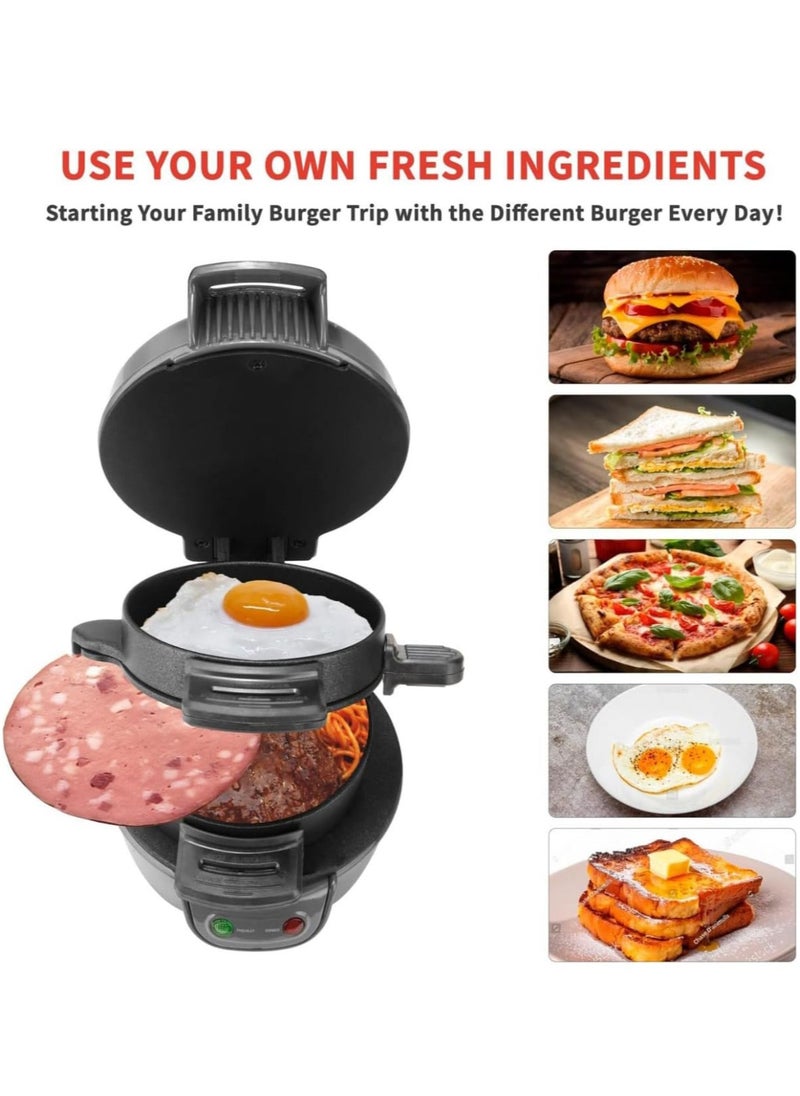 Breakfast Electric Burger & Sandwich Maker, Aluminium Nonstick, Indoor Grill with Egg Cooker Ring, Ready in 5 Minutes for Croissants, Mini Waffles & More