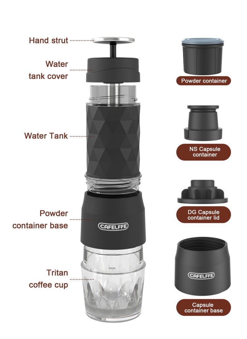 3-in-1 Portable Espresso Coffee Machine Manual Milk Frother For Nespresso Capsule and Coffee Powder 120ML Black