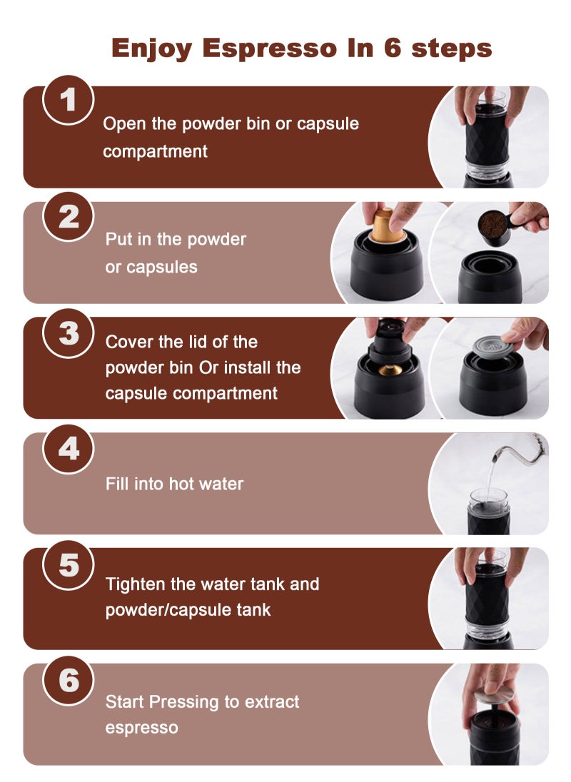 3-in-1 Portable Espresso Coffee Machine Manual Milk Frother For Nespresso Capsule and Coffee Powder 120ML Black