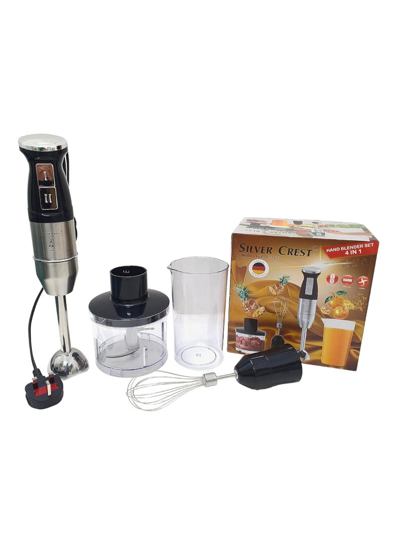 Silver Crest Hand Blender, 4-in-1 Multifunctional 2 Speed Stainless Steel Handheld Stick Blender with 500ml Mixing Beaker, Milk Frother, Egg Whisk for Smoothies/Puree Baby Food/Sauces/Soups