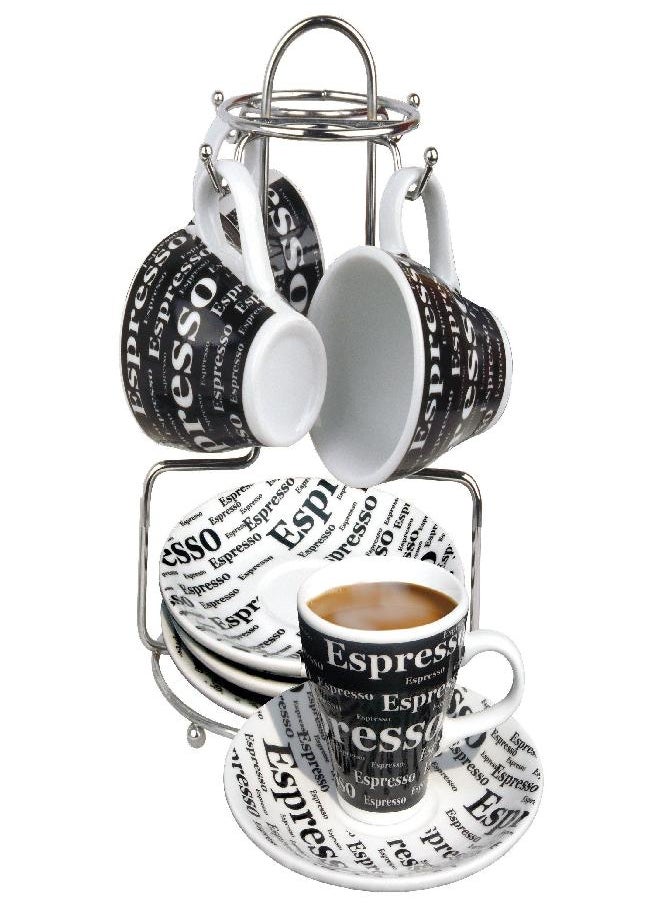 Bene Casa - Ceramic 9 Piece Espresso Set Including Metal Stand - 4 Espresso Cups (3oz) and 4 Saucers - Stain Resistant Glaze