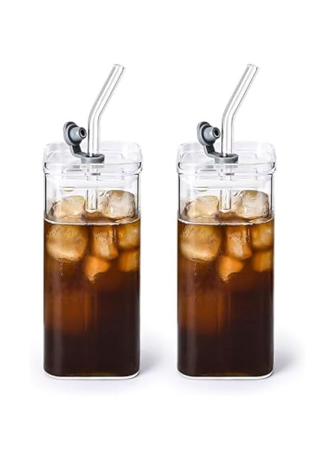 2-Piece Glass Cups with Lids and Straws, Iced Coffee Cup, Glass Tumbler, 12 oz/350 ml Clear Square Drinking Glasses for Coffee Bar (Clear)