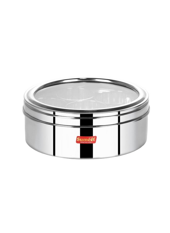 Sumeet Stainless Steel Round Masala (Spice) BoxOrganiser with See Through Lid With 7 Containers and Small Spoon Size 11 (1.5Ltr) (18.5cm), Silver