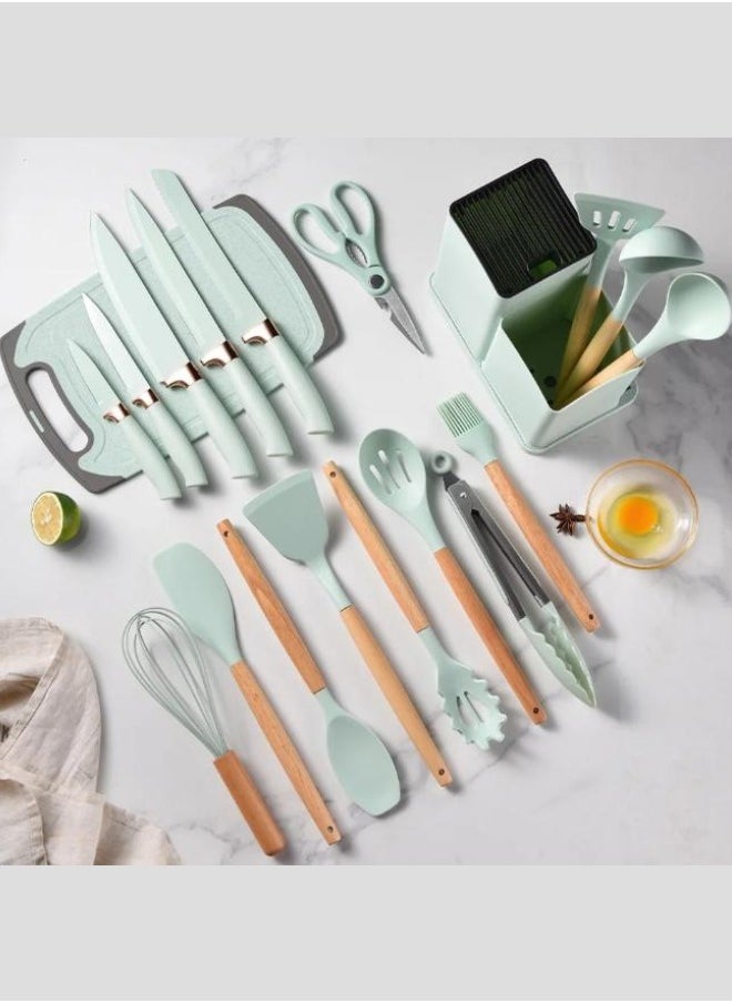 19-Piece Silicone Kitchen Utensil Set Nonstick Cooking Tools, Stainless Steel Knives, Cutting Board, Spatula, Turner, Whisk, Heat-Resistant Nonstick Cookware Set With Wooden Handles