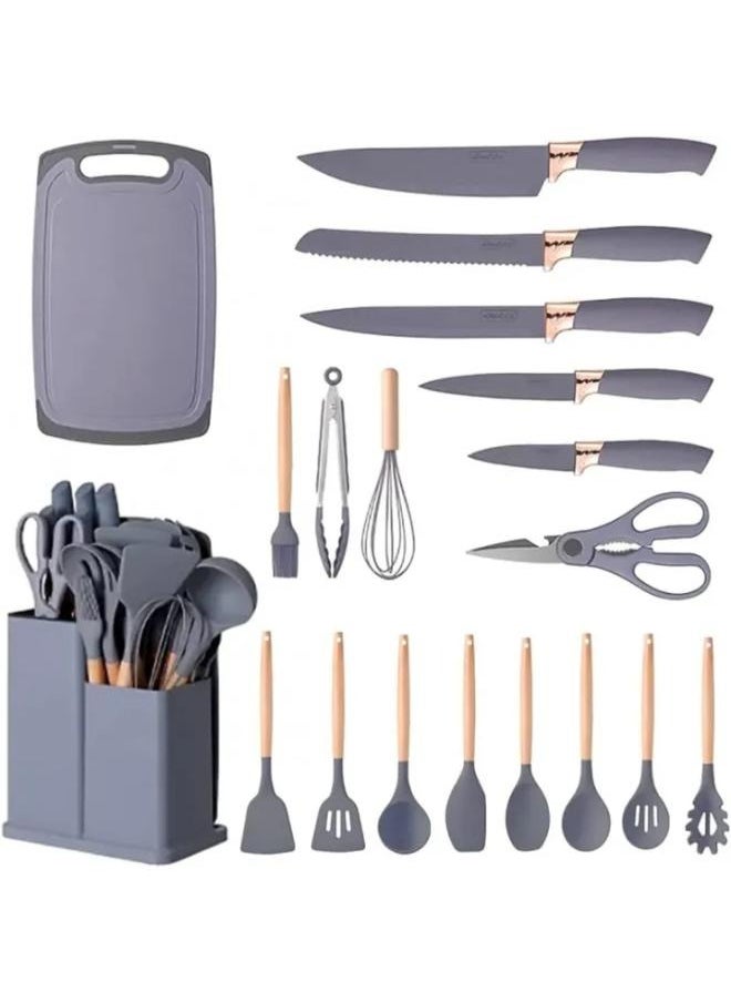 19-Piece Silicone Kitchen Utensil Set Nonstick Cooking Tools, Stainless Steel Knives, Cutting Board, Spatula, Turner, Whisk, Heat-Resistant Nonstick Cookware Set With Wooden Handles(Grey)