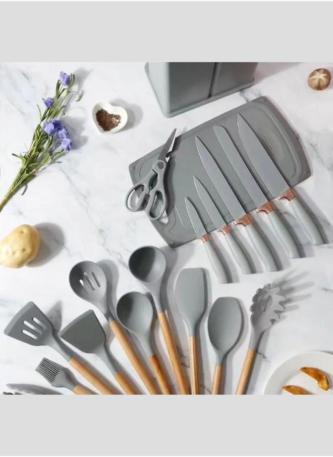 19-Piece Silicone Kitchen Utensil Set Nonstick Cooking Tools, Stainless Steel Knives, Cutting Board, Spatula, Turner, Whisk, Heat-Resistant Nonstick Cookware Set With Wooden Handles(Light Grey)