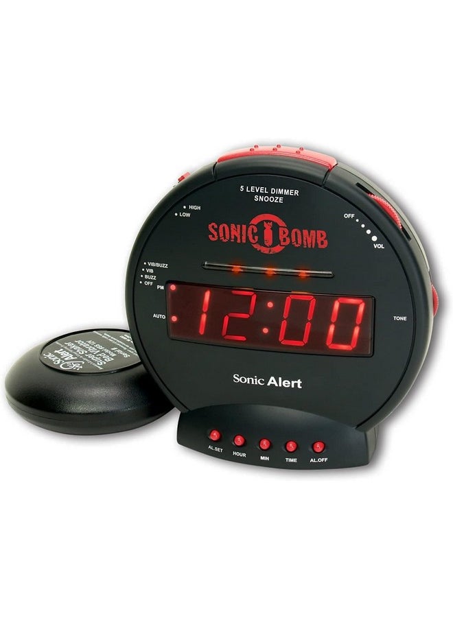 Sonic Bomb Dual Extra Loud Alarm Clock with Bed Shaker, Black | Sonic Alert Vibrating, Heavy Sleepers, Battery Backup | Wake with a Shake