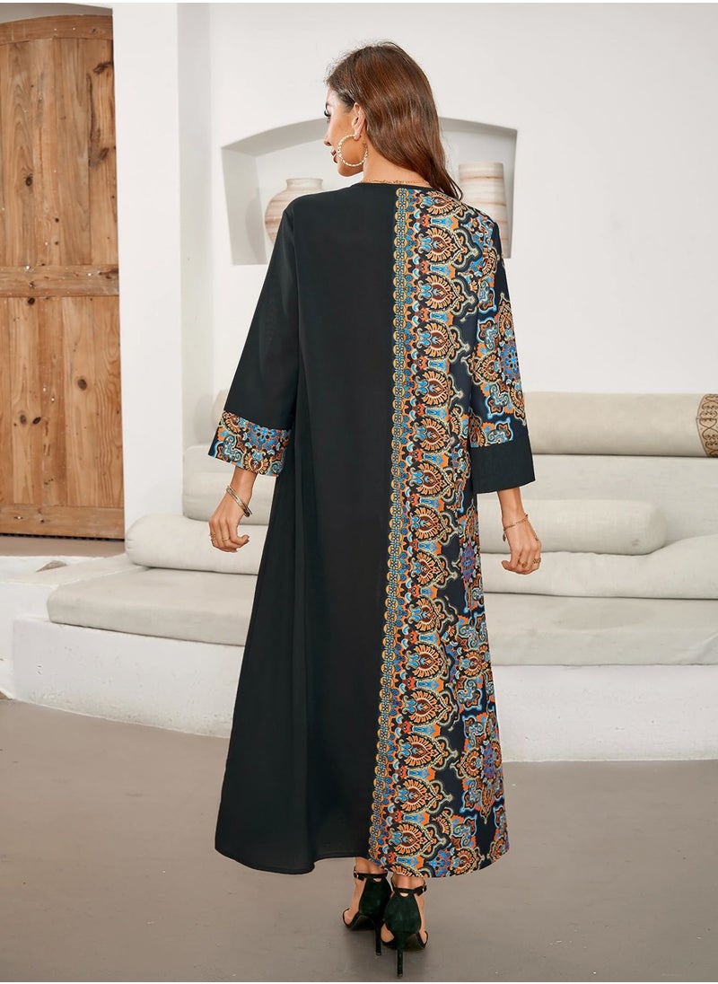 Middle Eastern style printed patchwork long dress, elegant Middle Eastern gown, robe dress with vintage fashion design, suitable for home, office, and casual outings.