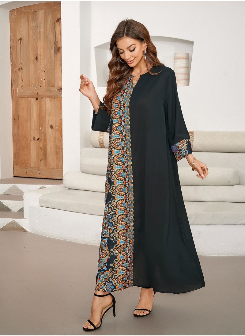 Middle Eastern style printed patchwork long dress, elegant Middle Eastern gown, robe dress with vintage fashion design, suitable for home, office, and casual outings.