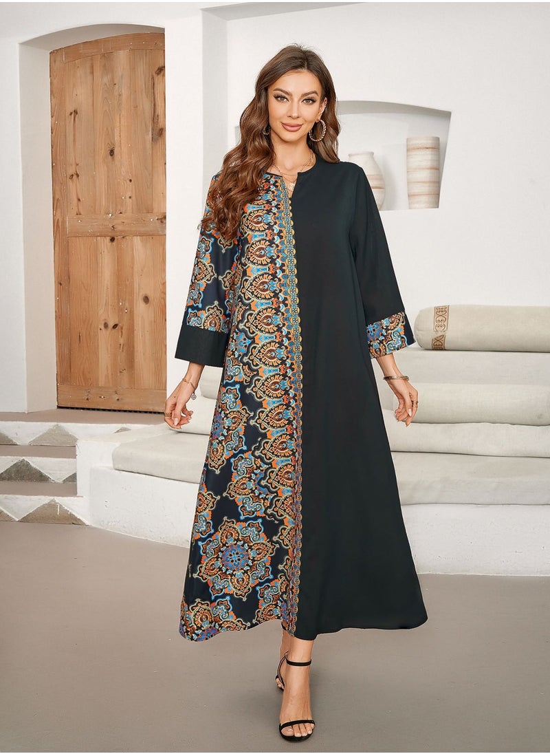 Middle Eastern style printed patchwork long dress, elegant Middle Eastern gown, robe dress with vintage fashion design, suitable for home, office, and casual outings.