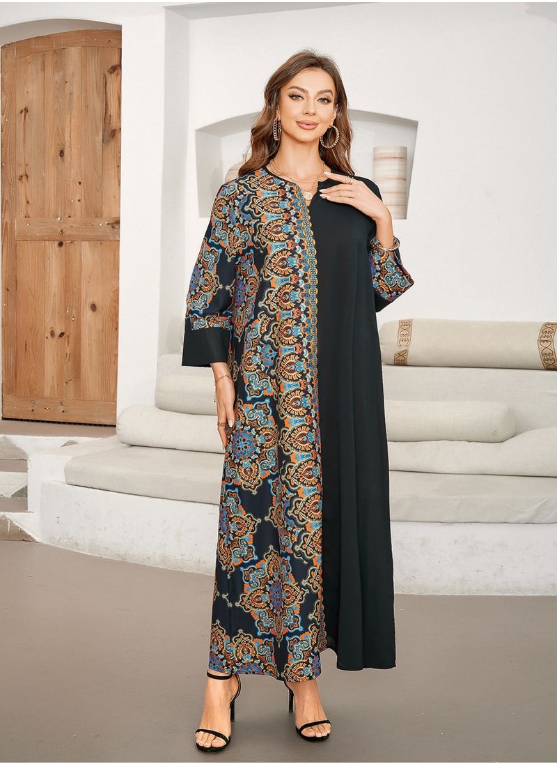 Middle Eastern style printed patchwork long dress, elegant Middle Eastern gown, robe dress with vintage fashion design, suitable for home, office, and casual outings.