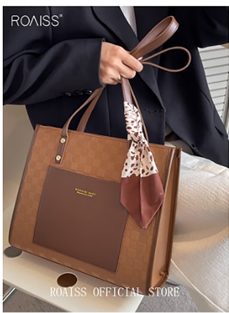 Women Leather Two Tone Tote Bag Ladies Geometric & Letter Embossed Twilly Scarf Decor Shoulder Tote Bag Women's Large Capacity Commuter Shoulder Bag