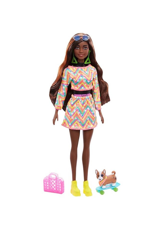 Barbie Color Reveal Totally Neon Fashions Doll with Orange-Streaked Brunette Hair & 25 Surprises Including Color Change, Gift for Kids