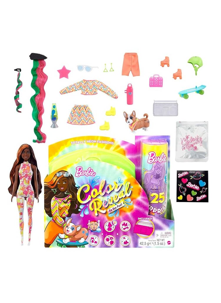 Barbie Color Reveal Totally Neon Fashions Doll with Orange-Streaked Brunette Hair & 25 Surprises Including Color Change, Gift for Kids