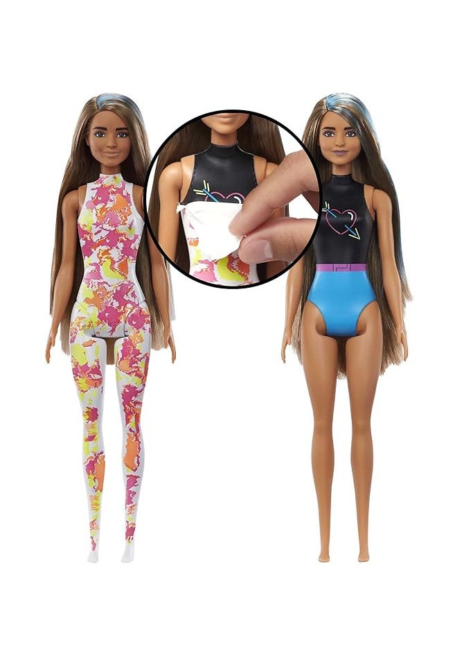 Barbie Color Reveal Totally Neon Fashions Doll with Blue-Streaked Brunette Hair & 25 Surprises Including Color Change, Gift for Kids