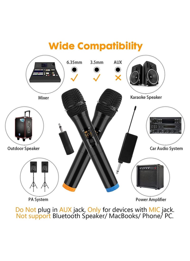 Wireless Microphone, UHF Dual Portable Handheld Dynamic Karaoke Mic with Rechargeable Receiver, Cordless Karaoke System for PA System, Speaker, Amplifier, Family Party, Singing