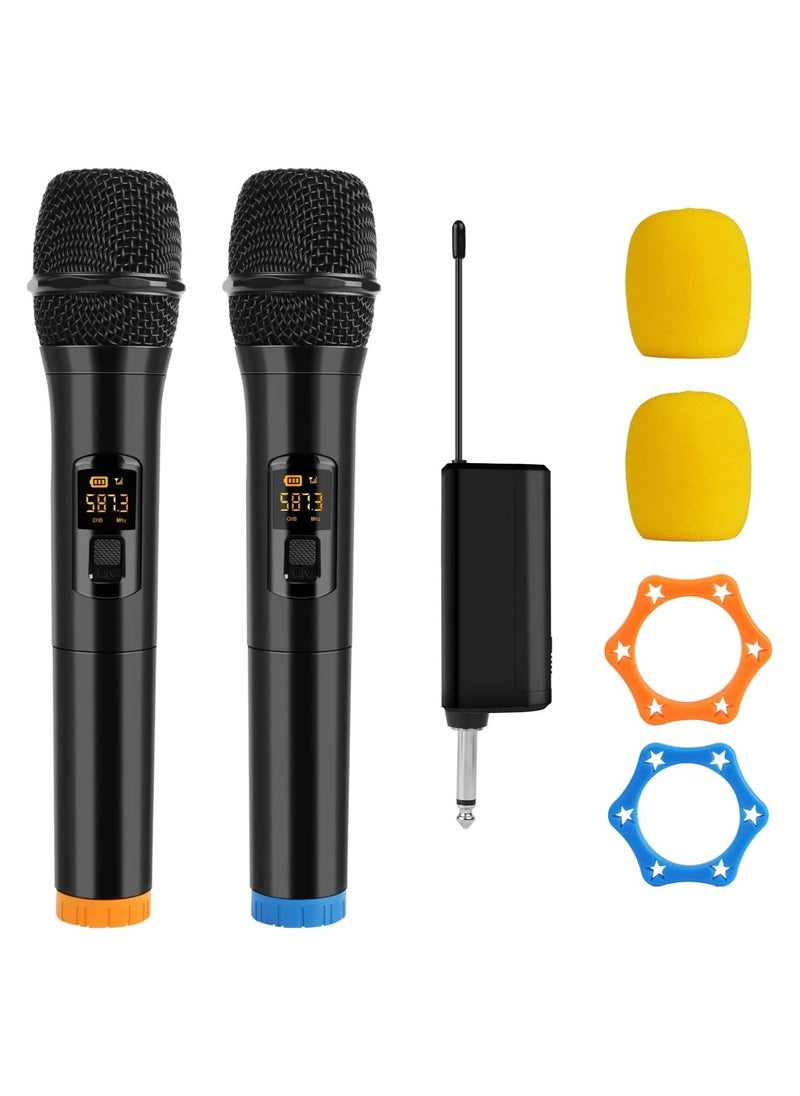 Wireless Microphone, UHF Dual Portable Handheld Dynamic Karaoke Mic with Rechargeable Receiver, Cordless Karaoke System for PA System, Speaker, Amplifier, Family Party, Singing